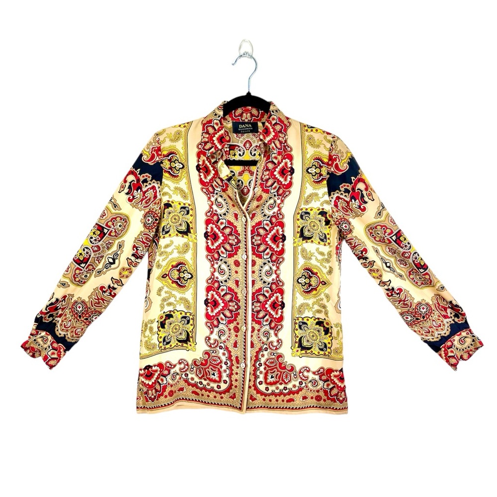 Mob Wife 100% Silk Shirt, Dana Buchman, Size 2 Petite, Gold & Red, Luxurious